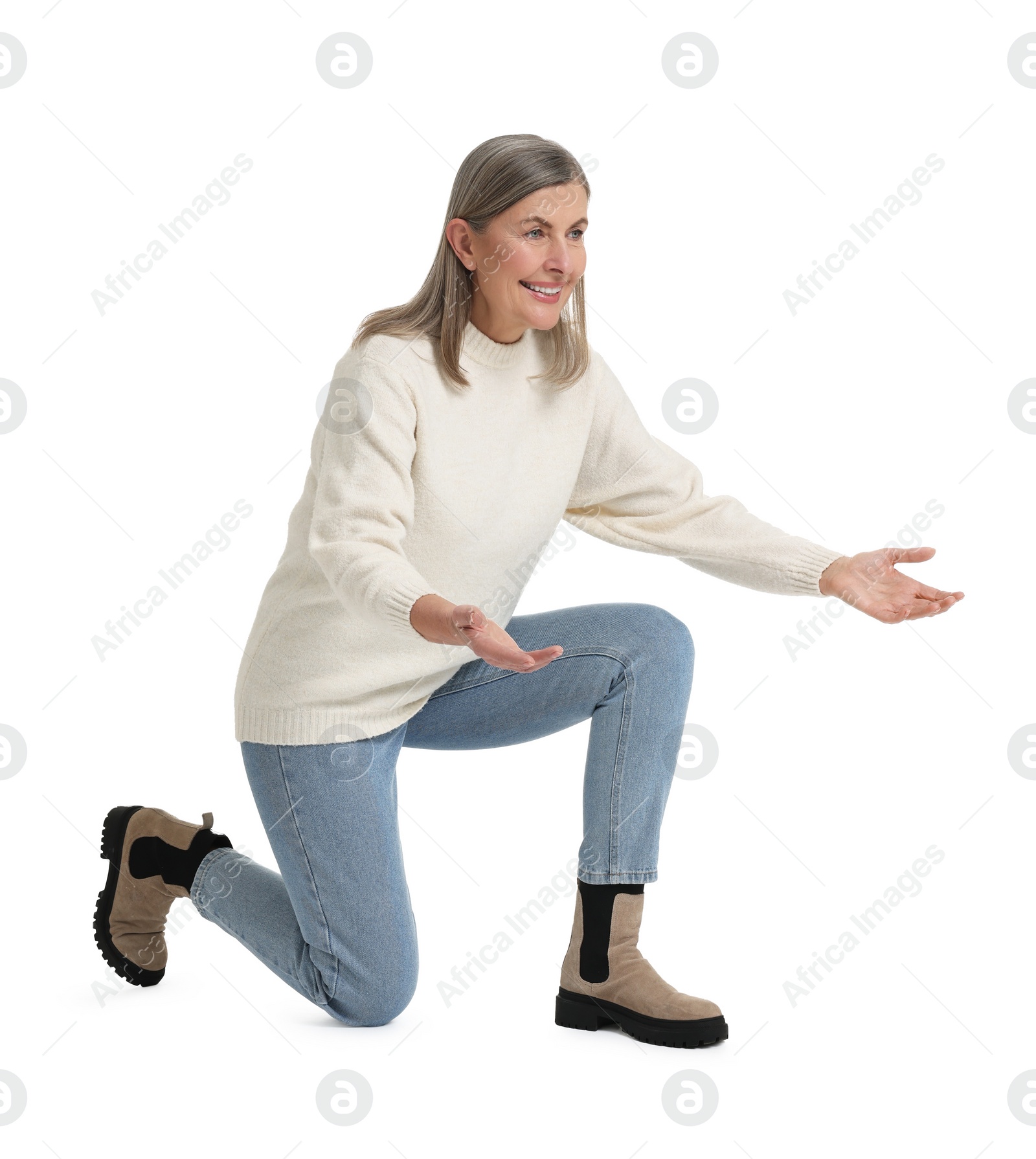 Photo of Senior woman greeting someone on white background