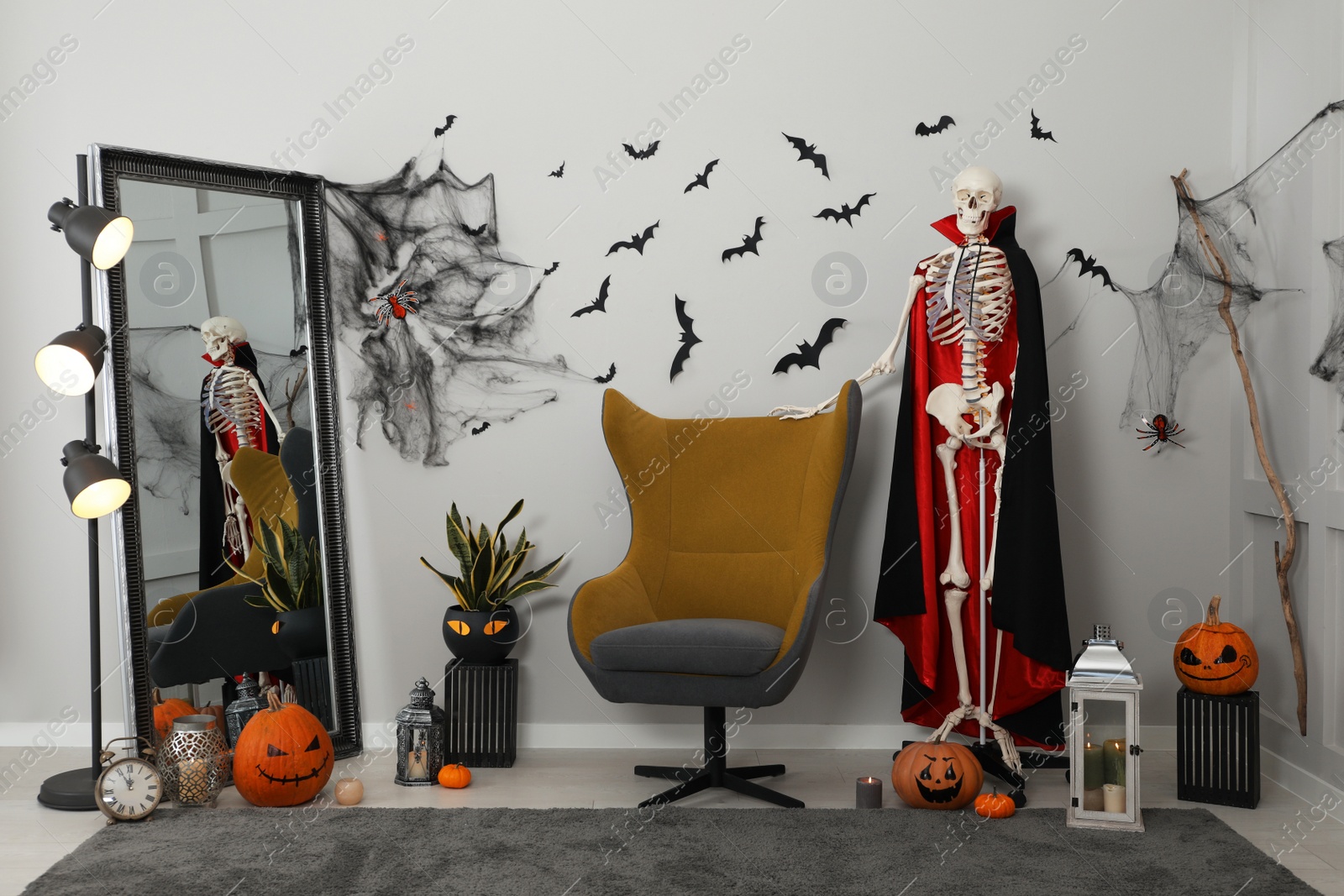 Photo of Modern room decorated for Halloween. Festive interior