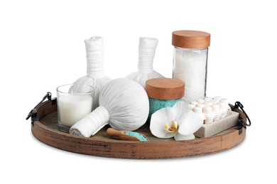 Photo of Beautiful spa composition with different care products isolated on white