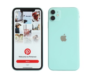 MYKOLAIV, UKRAINE - JULY 07, 2020: New modern iPhone 11 with Pinterest app on screen against white background, back and front views