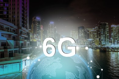 Image of 6G wireless network. Illustration of Earth and beautiful view of night cityscape