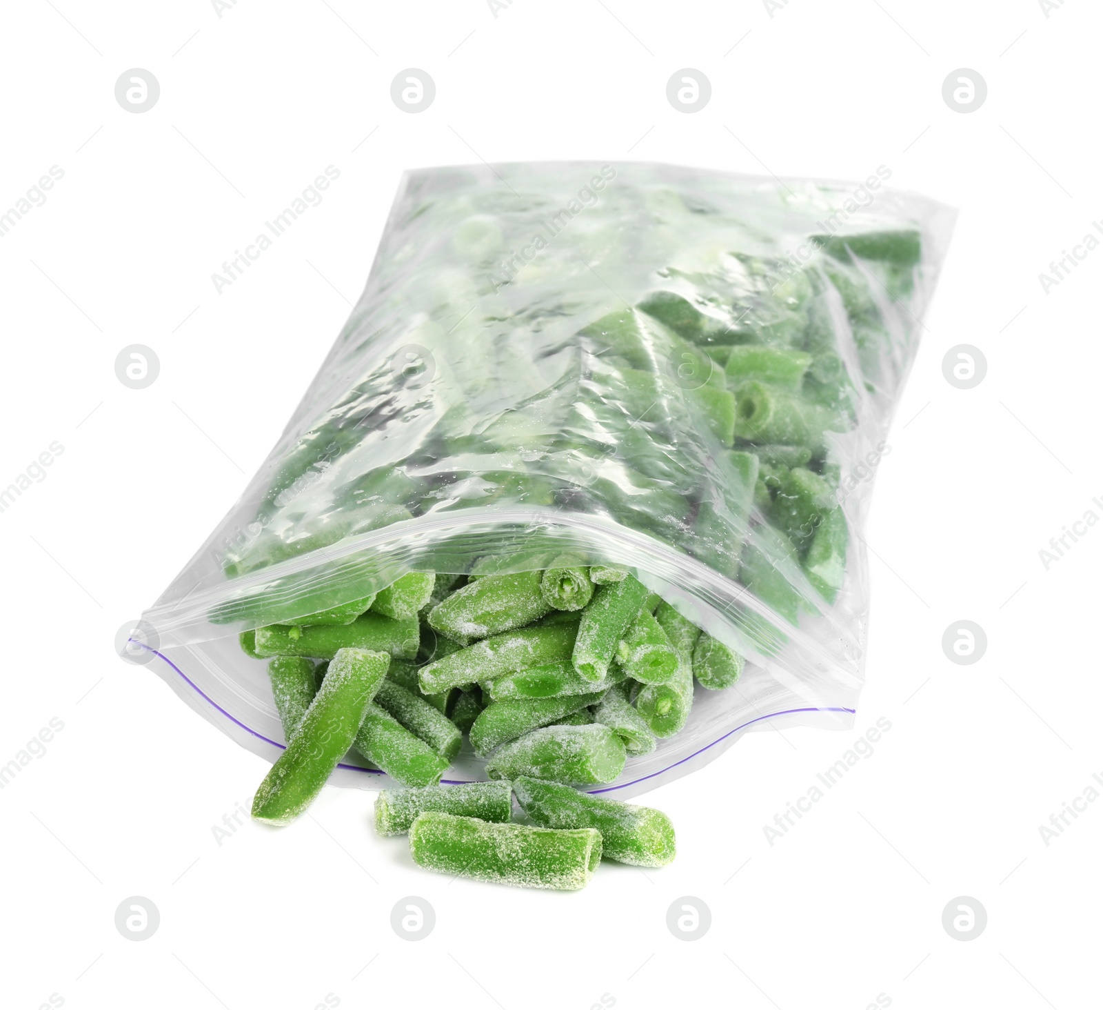 Photo of Frozen green beans in plastic bag isolated on white. Vegetable preservation
