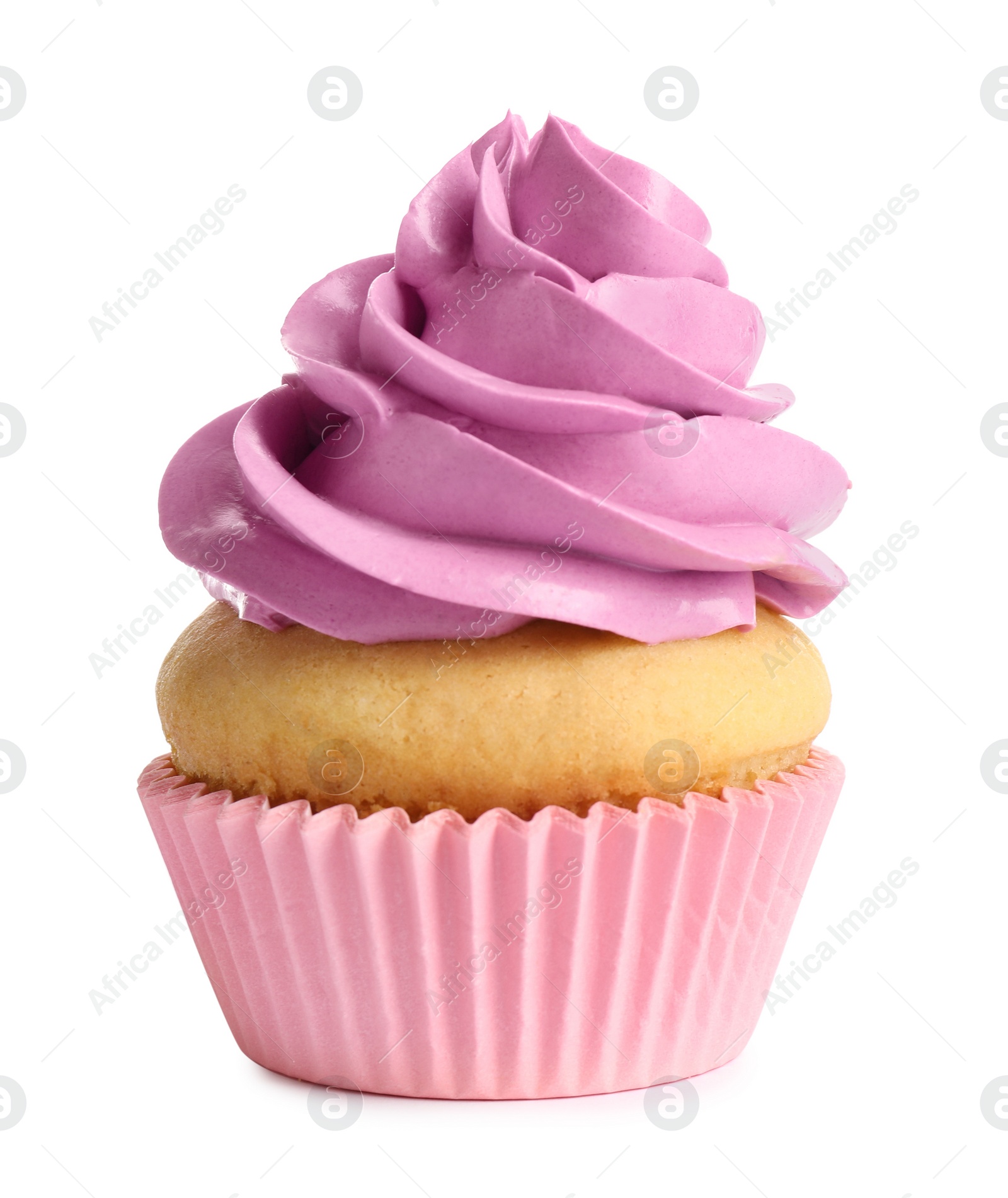 Photo of Delicious birthday cupcake with buttercream isolated on white