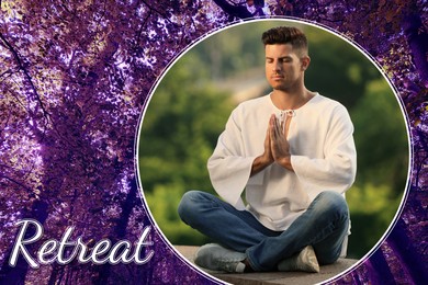 Image of Wellness retreat. Man meditating outdoors and many trees on background