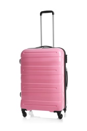 Photo of Trendy pink suitcase on white background