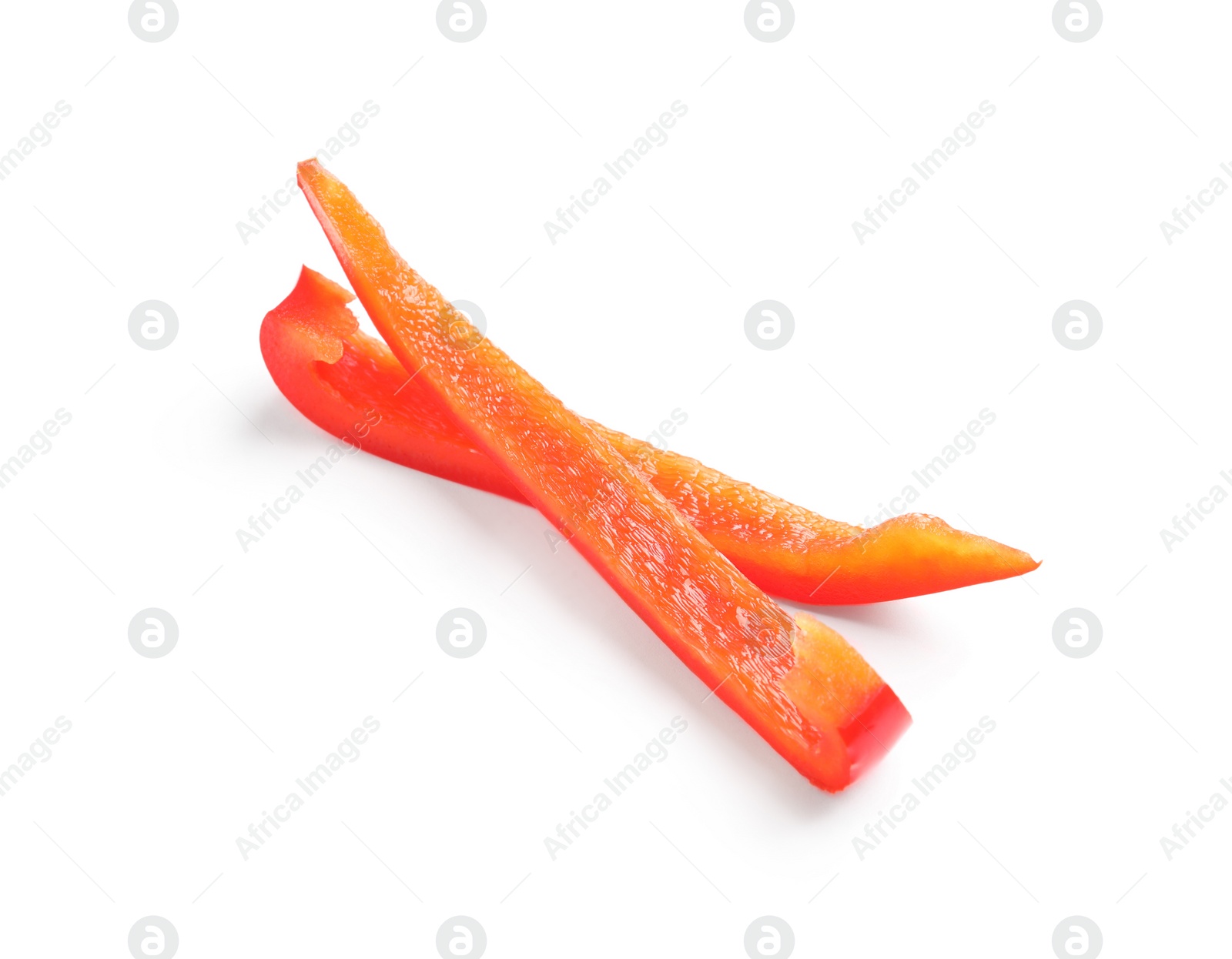 Photo of Slices of ripe red bell pepper on white background