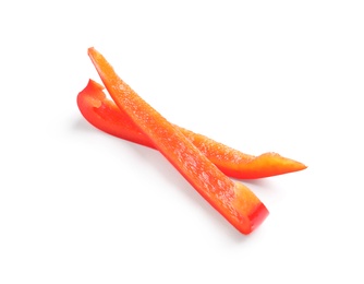 Slices of ripe red bell pepper on white background