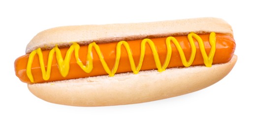 Photo of Yummy hot dog with mustard isolated on white, top view