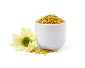 Photo of Fresh bee pollen granules and flower isolated on white