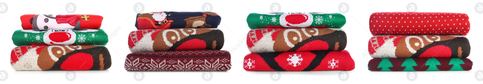 Image of Set folded Christmas sweaters on white background. Banner design