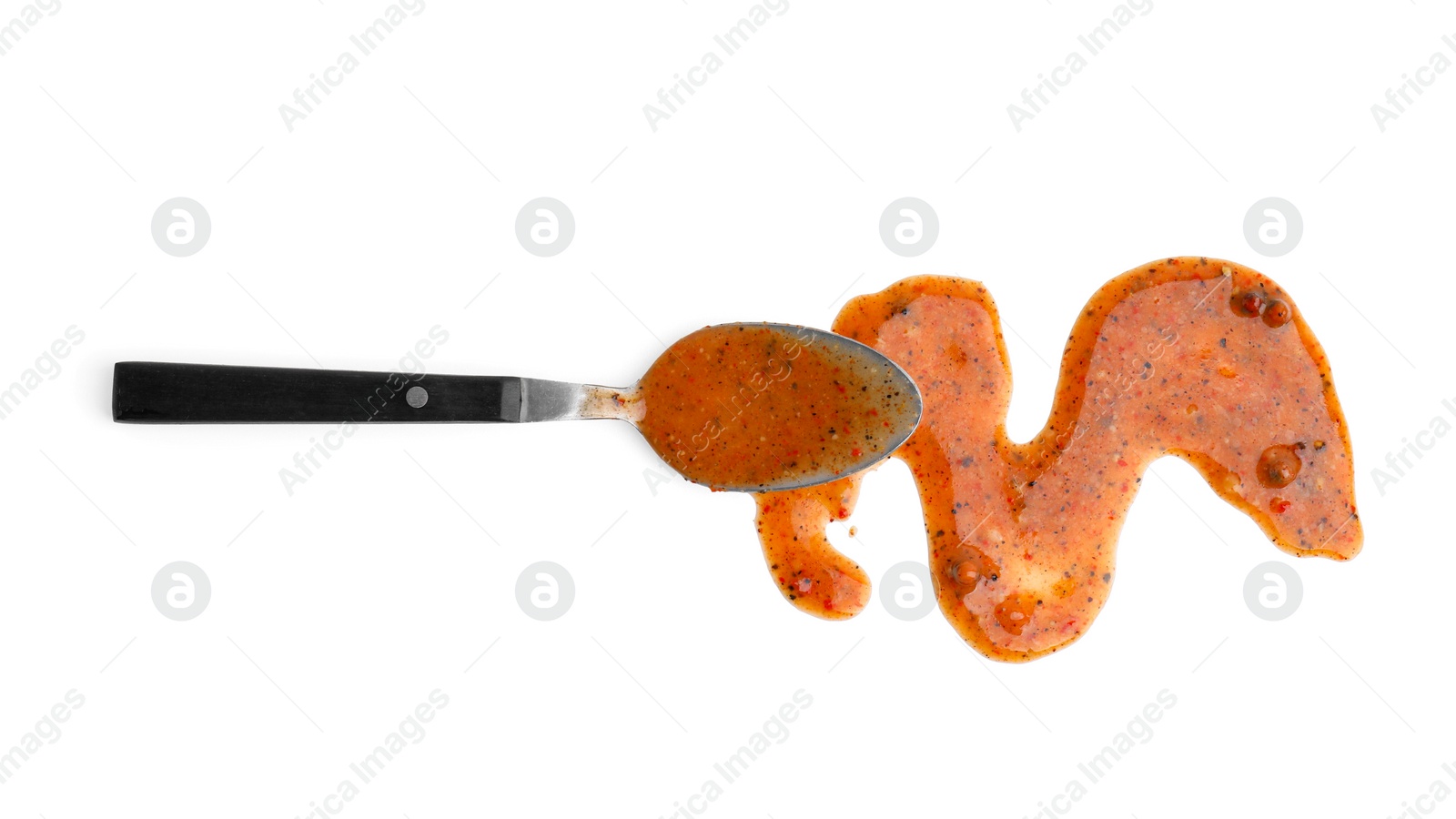 Photo of Spoon with fresh marinade isolated on white, top view