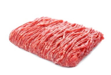 Photo of Fresh raw minced meat on white background