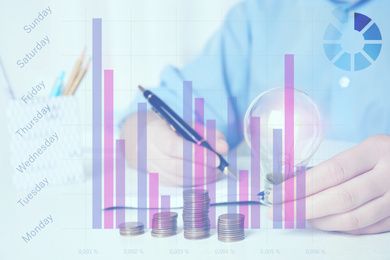 Image of Woman with light bulb, notebook and coins at white table, closeup. Energy saving