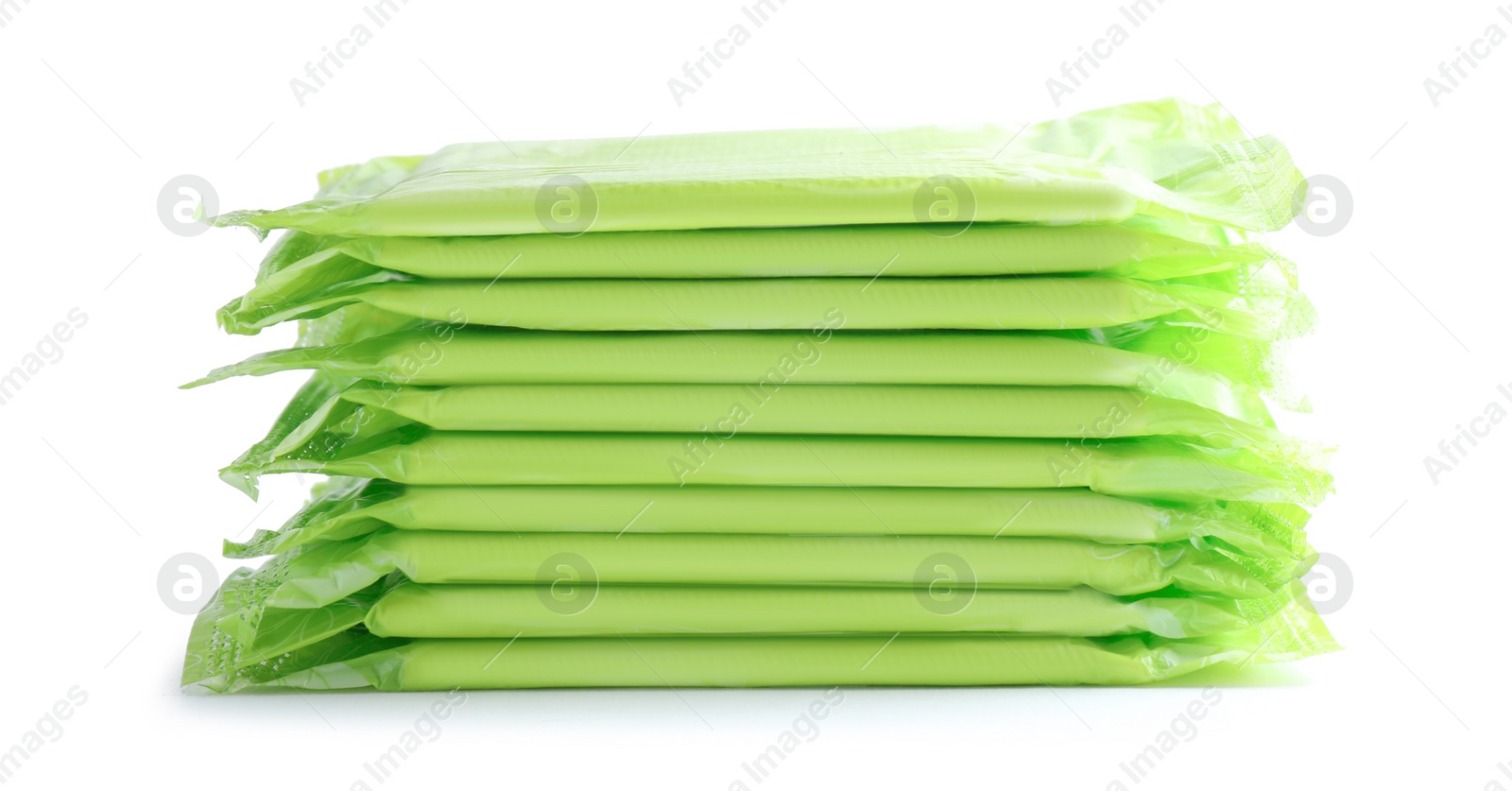 Photo of Stack of menstrual pads on white background. Gynecological care