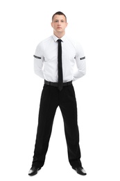 Male security guard in uniform on white background