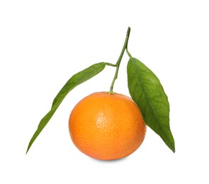 Photo of One fresh tangerine with green leaves isolated on white