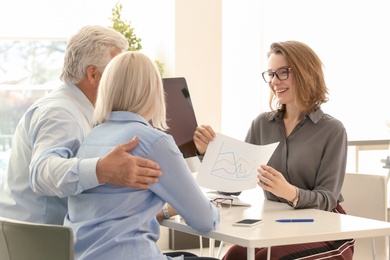 Female manager consulting mature couple in office