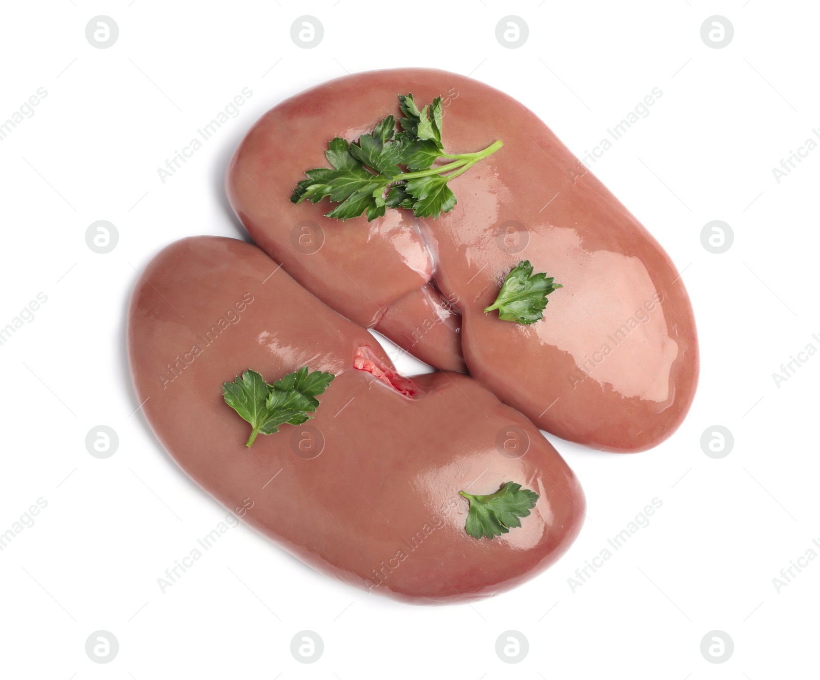 Photo of Fresh raw pork kidneys with parsley on white background, top view
