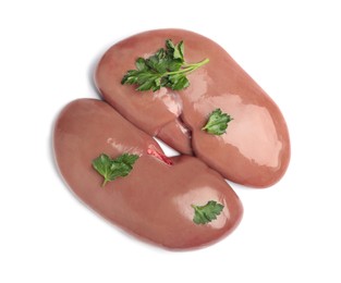 Photo of Fresh raw pork kidneys with parsley on white background, top view