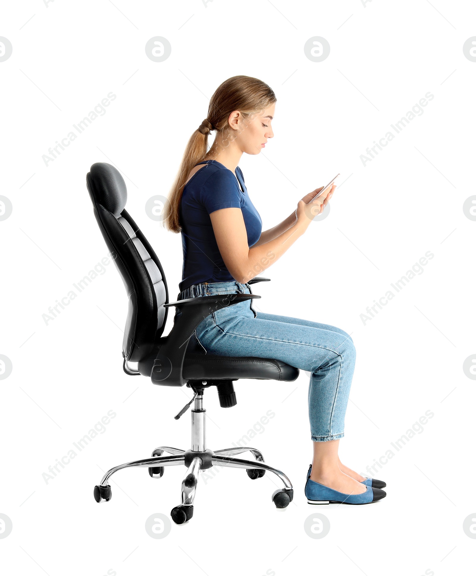 Photo of Woman with mobile phone sitting in office chair on white background. Posture concept