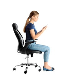 Woman with mobile phone sitting in office chair on white background. Posture concept