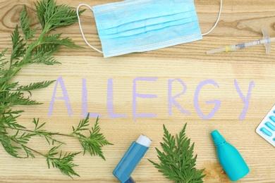 Flat lay composition with ragweed plant (Ambrosia genus) and word "ALLERGY" written on wooden background