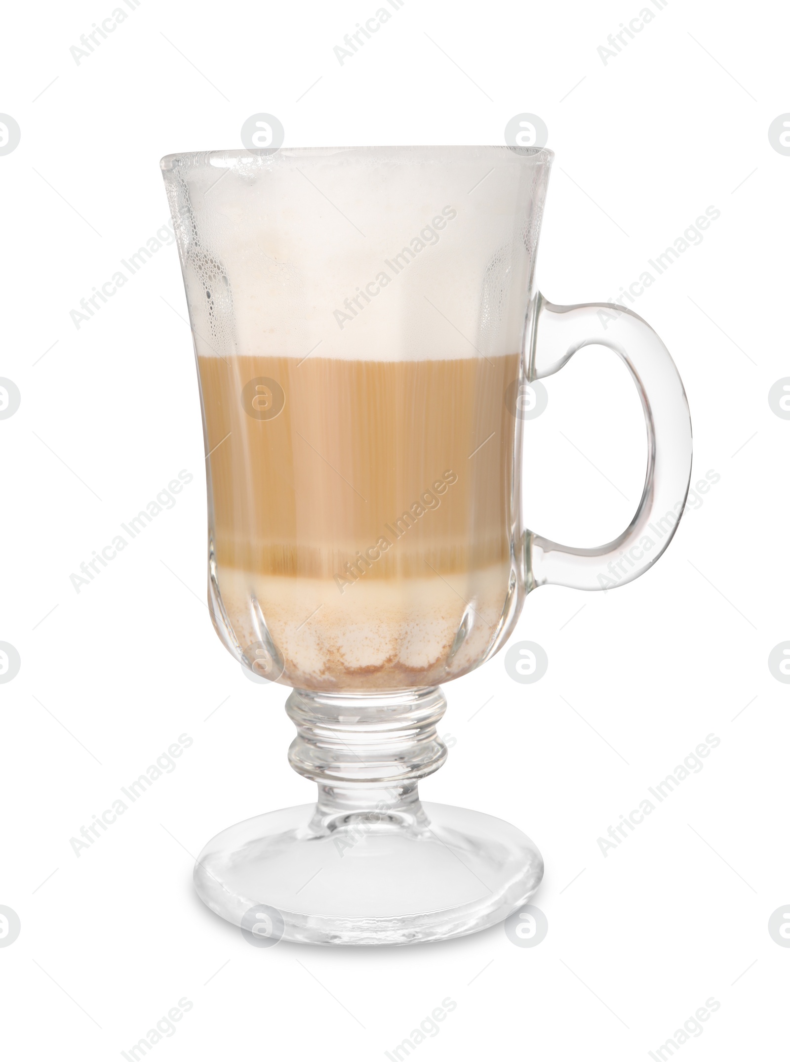 Photo of Aromatic latte macchiato in glass cup isolated on white