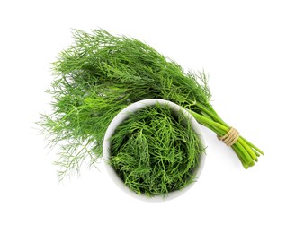 Photo of Bowl and bunch of fresh dill isolated on white, top view