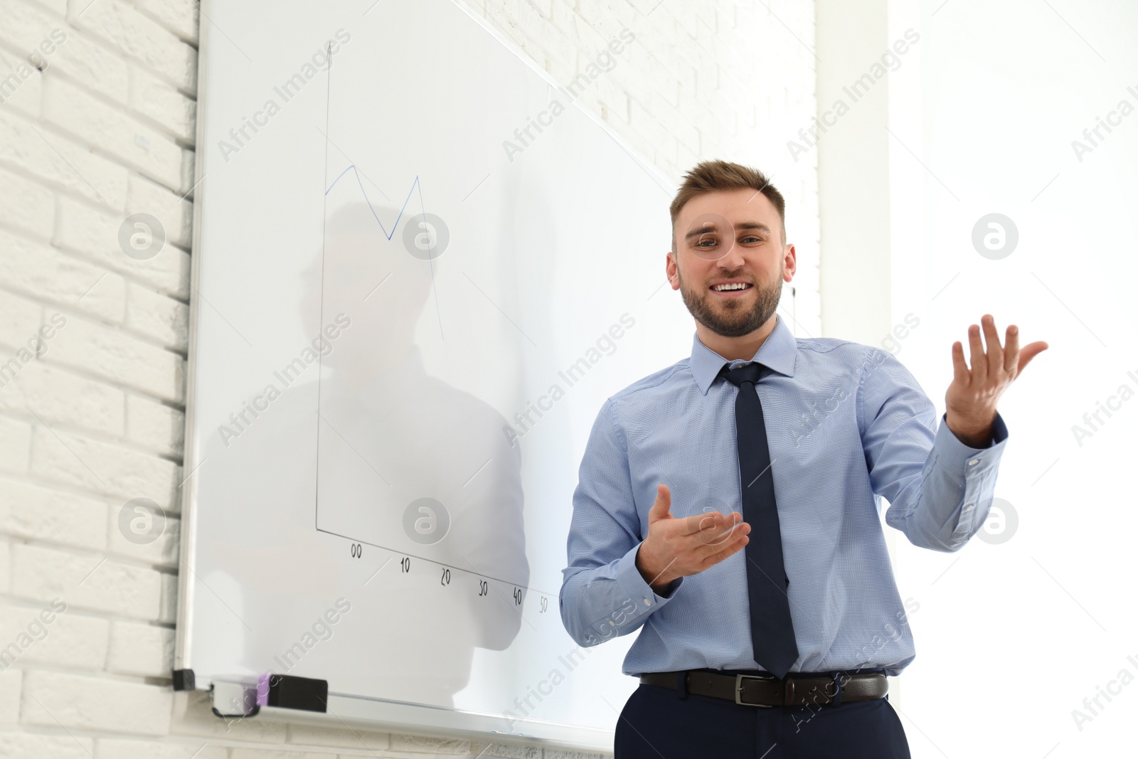 Photo of Professional business trainer near whiteboard in office