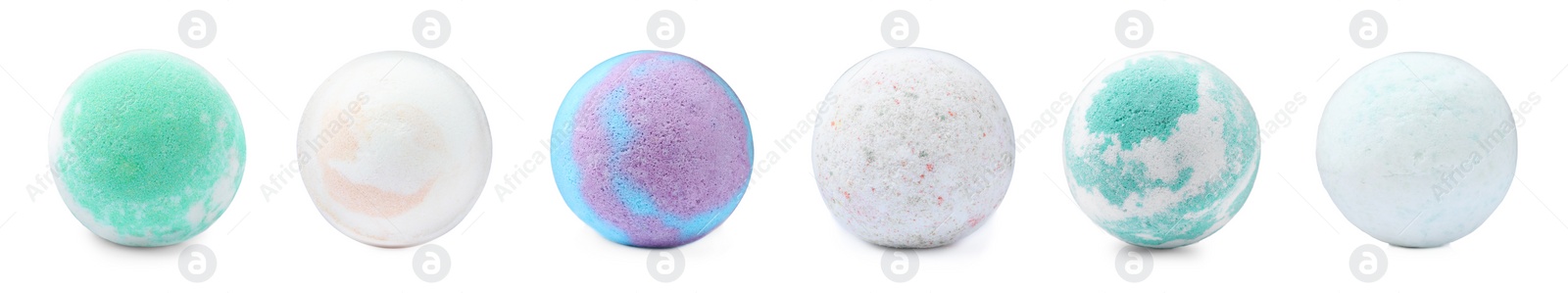 Image of Set with aromatic bath bombs on white background. Banner design