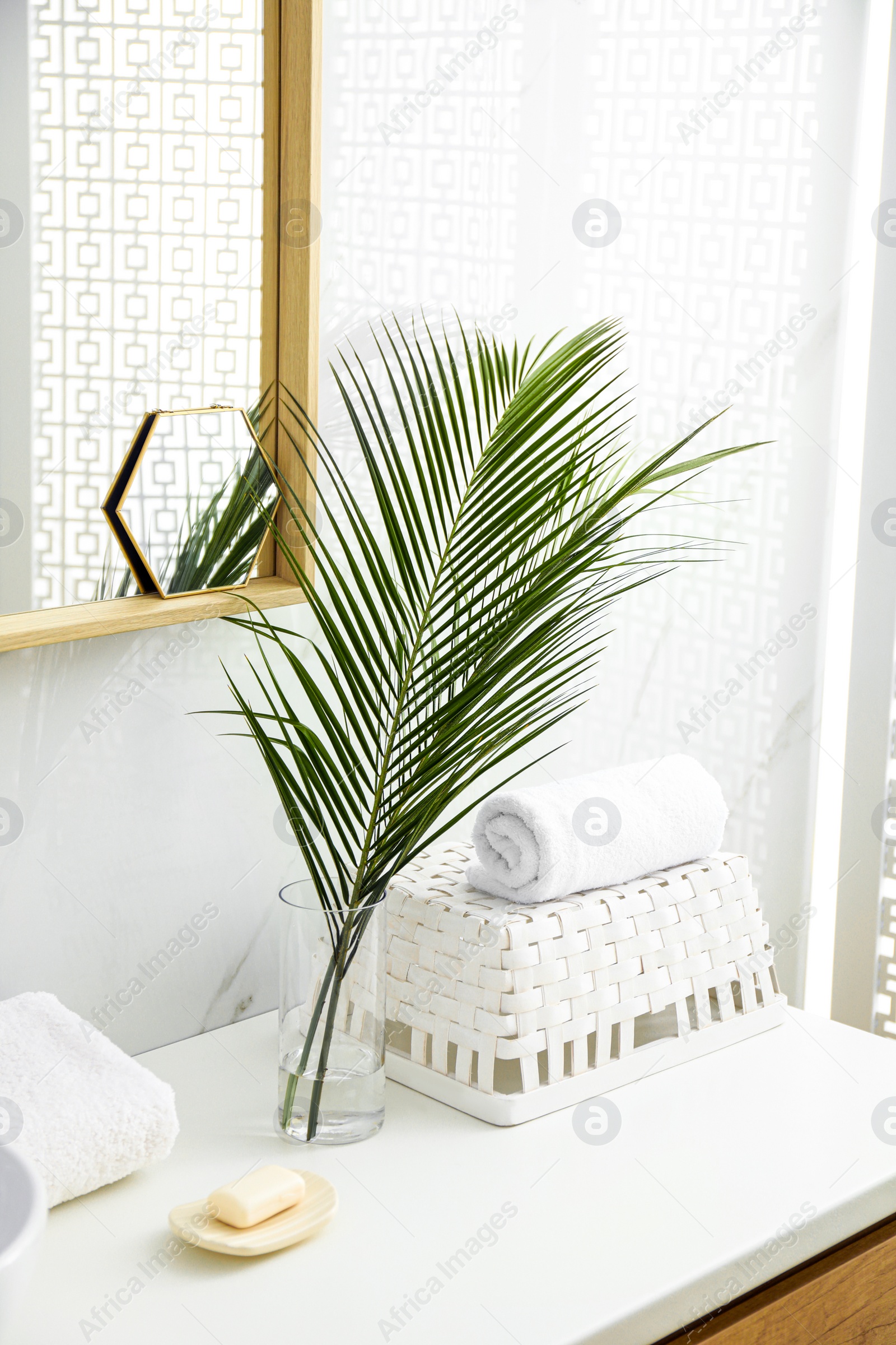 Photo of Tropical palm leaves in stylish bathroom interior