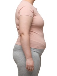 Overweight woman on white background, closeup view