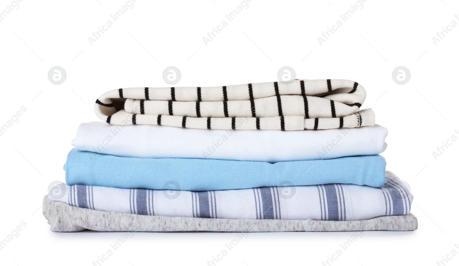 Photo of Stack of folded clothes on white background