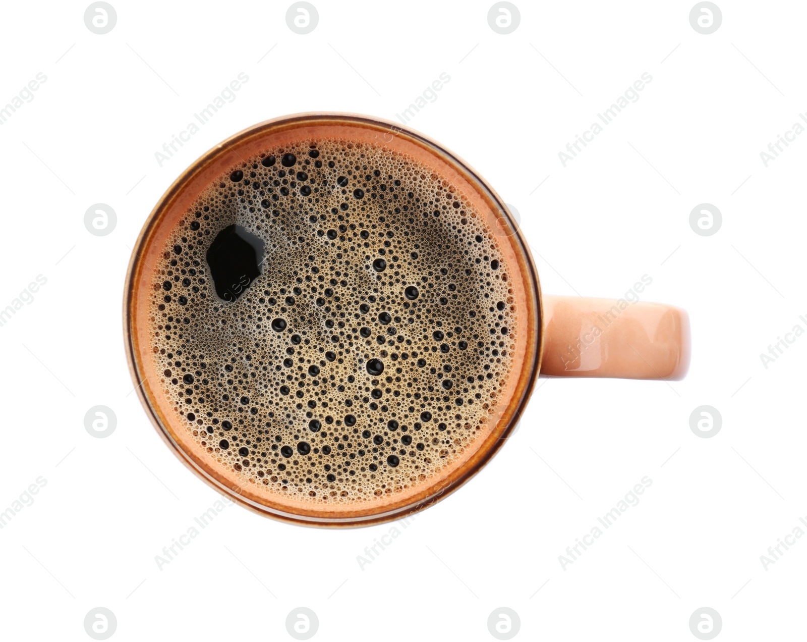 Photo of Cup with delicious hot coffee on white background