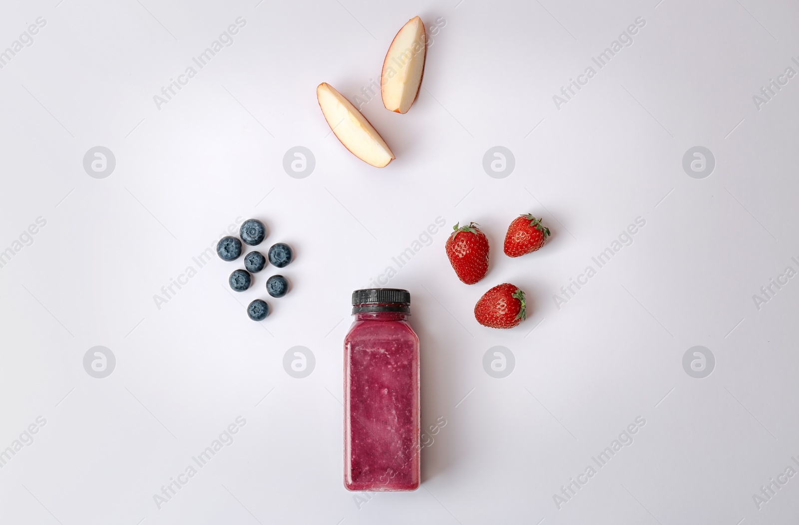 Photo of Flat lay composition with healthy detox smoothie and ingredients on light background