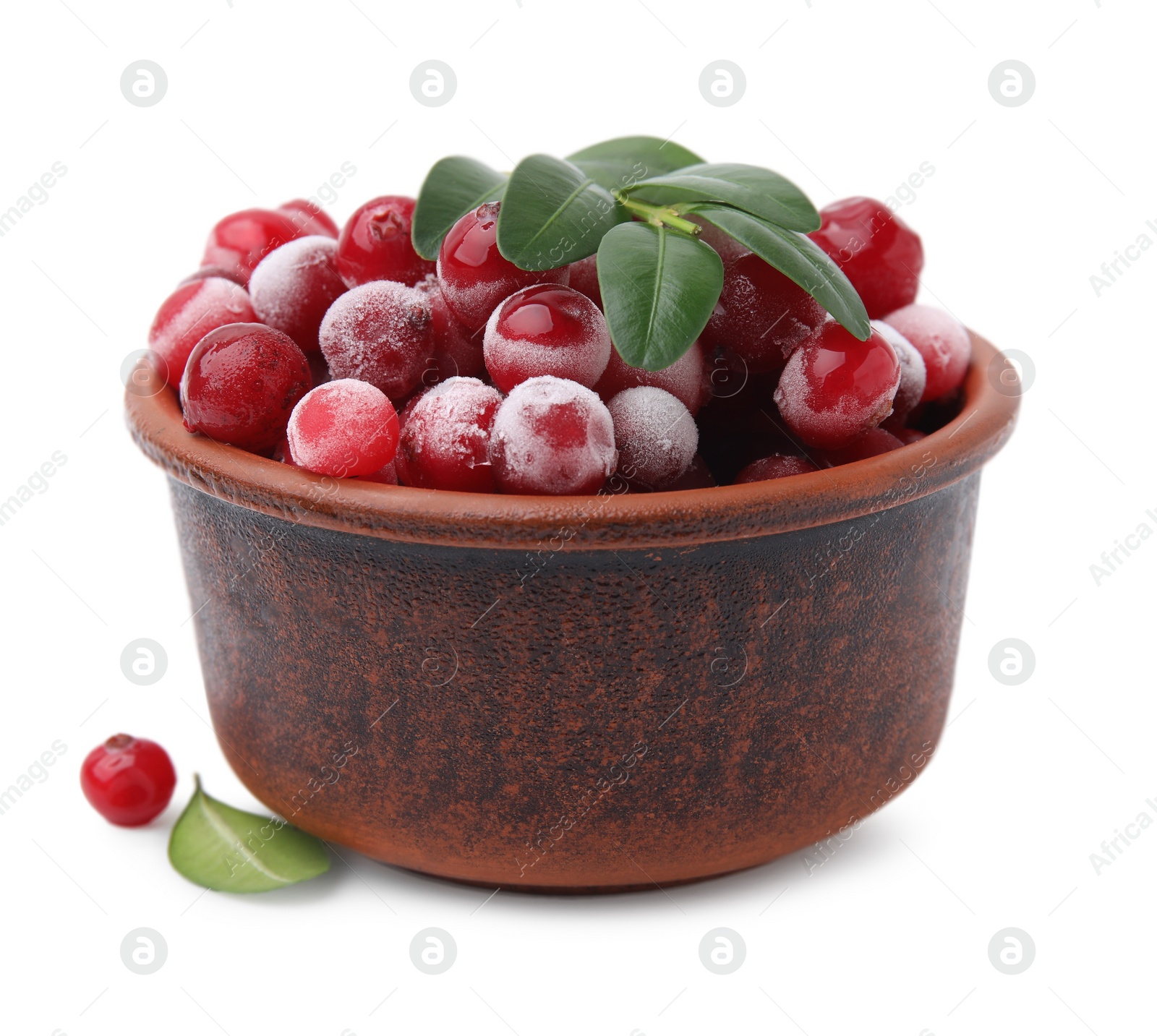 Photo of Frozen red cranberries and green leaves isolated on white