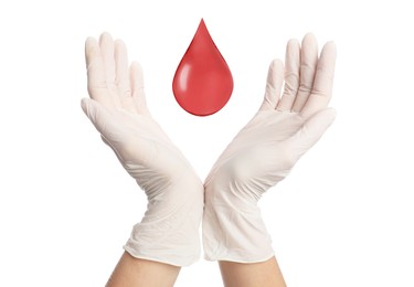Image of Doctor and drop of blood on white background, closeup. Anemia concept