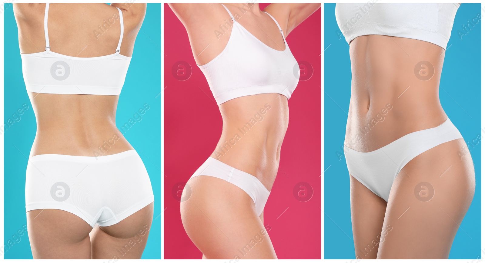 Image of Collage with photos of woman wearing white underwear on different color backgrounds. Banner design