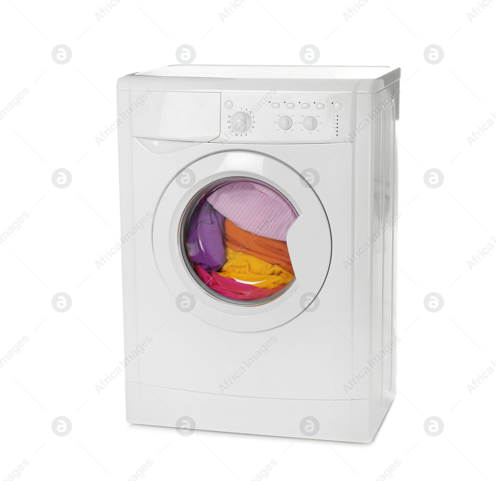 Photo of Modern washing machine with laundry isolated on white