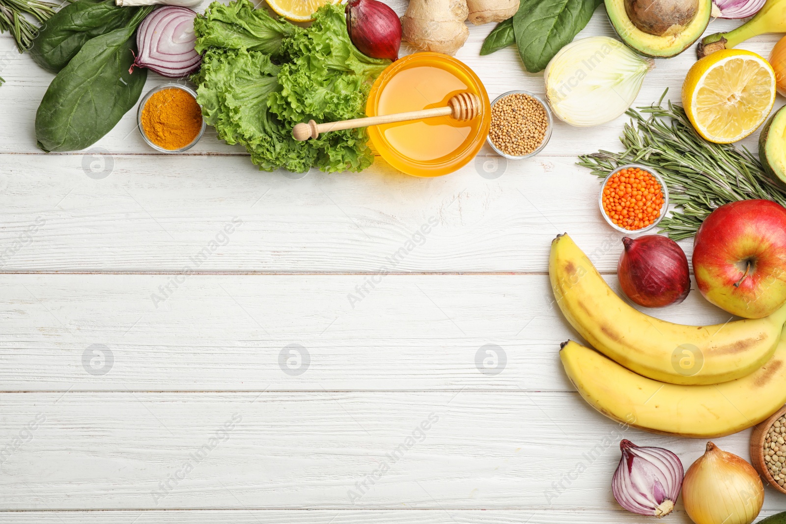 Photo of Flat lay composition with natural products and space for text on wooden background. Home remedies for asthma