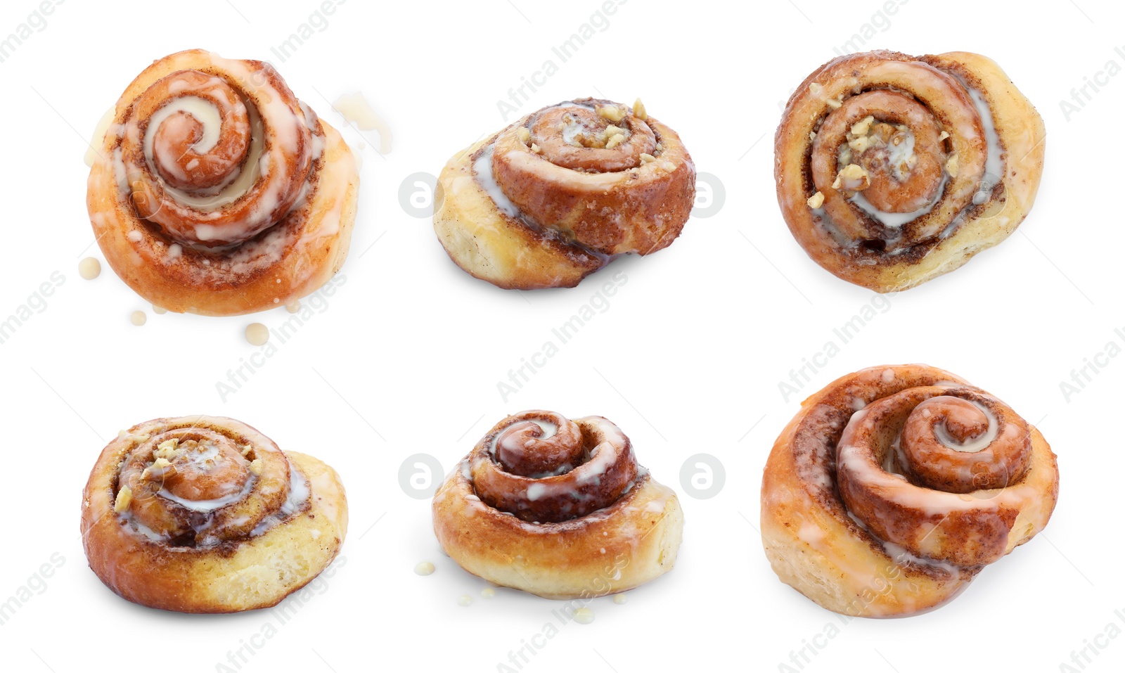 Image of Tasty cinnamon rolls isolated on white, set