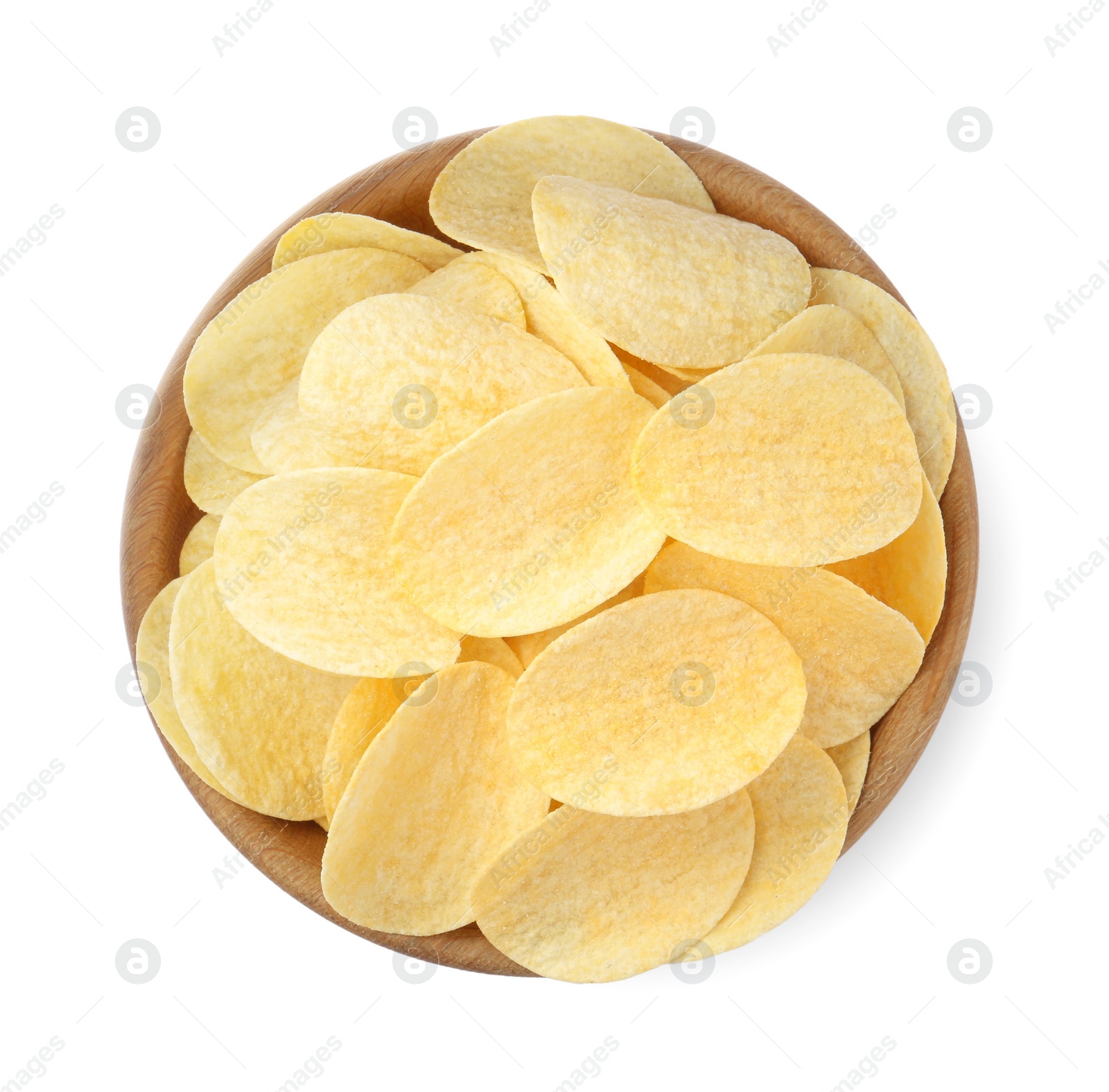 Photo of Bowl with delicious potato chips isolated on white, top view