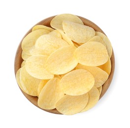 Bowl with delicious potato chips isolated on white, top view