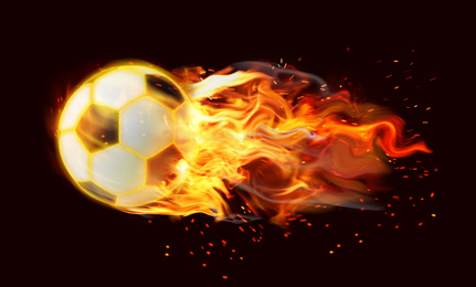 Image of Soccer ball with bright flame flying on black background