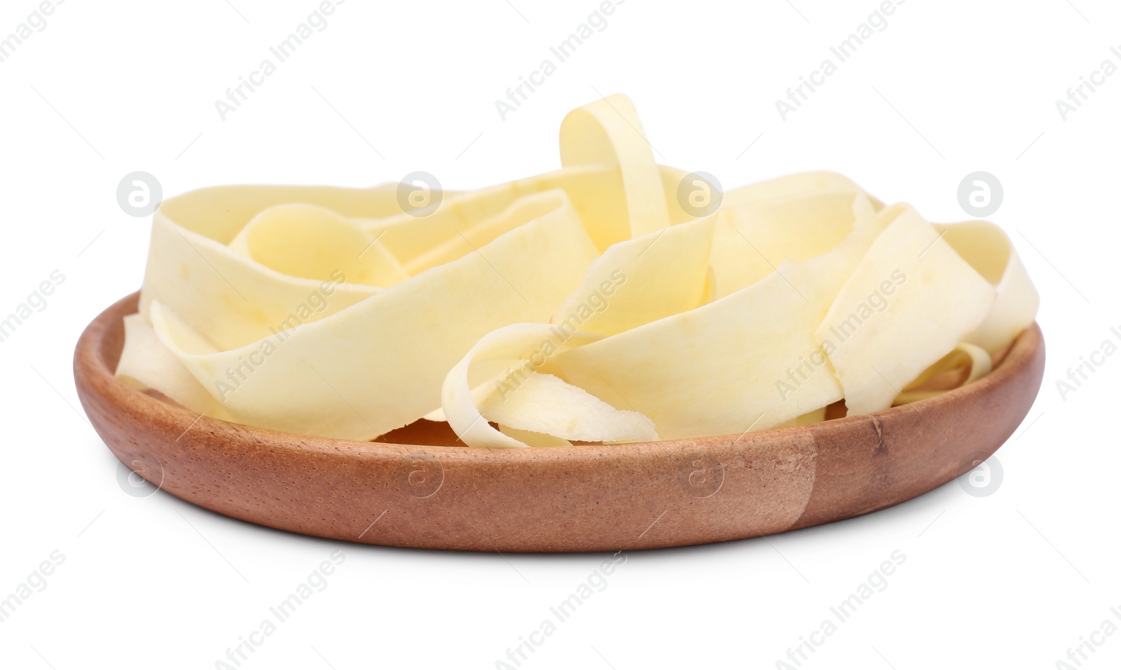 Photo of Plate with sliced fresh parsnip on white background