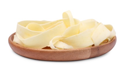 Plate with sliced fresh parsnip on white background