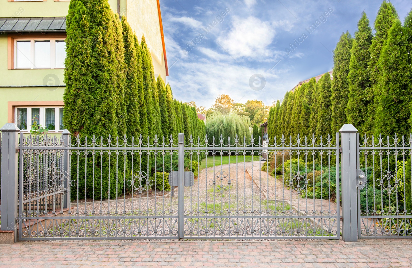 Photo of House and trees behind beautiful iron fence outdoors