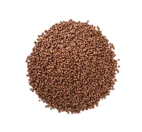 Photo of Pile of buckwheat tea granules on white background, top view