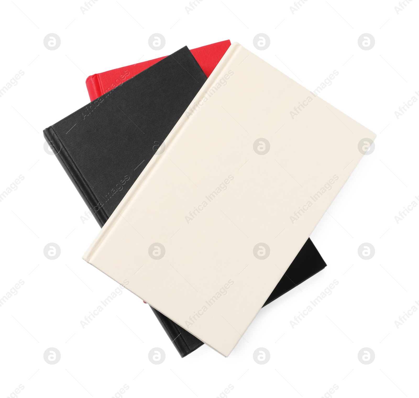 Photo of Stack of hardcover books isolated on white, top view