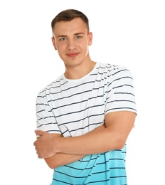 Portrait of young man on white background